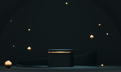 3D rendering black podium geometry with gold elements. Product presentation blank podium. Minimal scene round step floor abstract composition. Empty showcase, pedestal platform display.