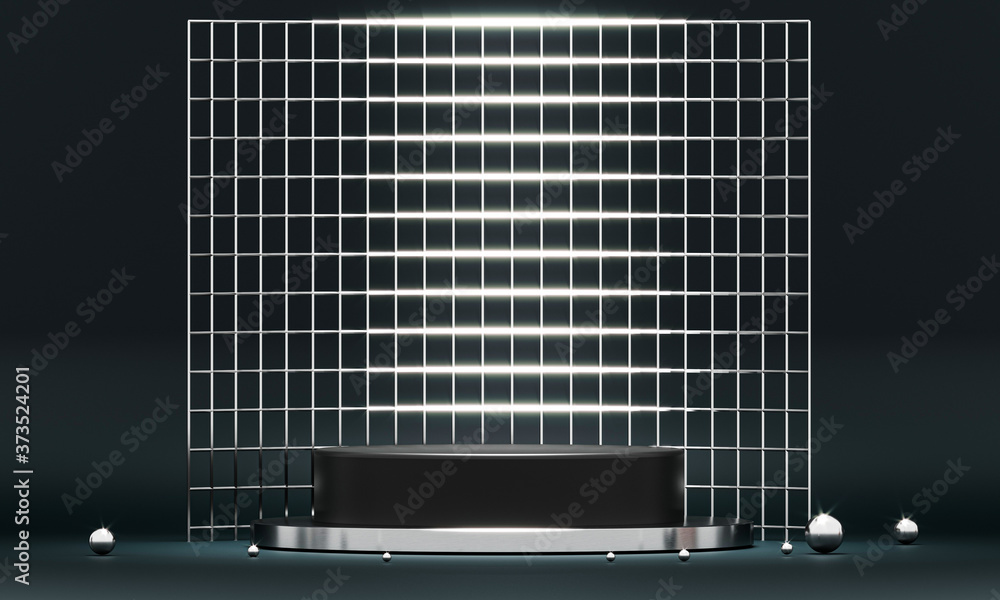 Poster 3d rendering black podium geometry with gold elements. product presentation blank podium. minimal sc