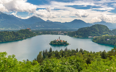 Summer Lake Bled from viewpoint Ojstrica, Slovenia