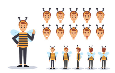 Little Boy in bee costume for Halloween festival.trick or treat. Front, side, back view animated character.Vector Character creation set with various views, Cartoon style, flat vector illustration.