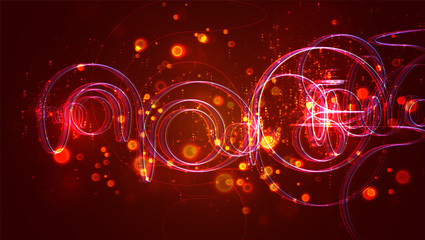 abstract thread with bends and waves flying in space, endless sparks and glow of red and orange colors