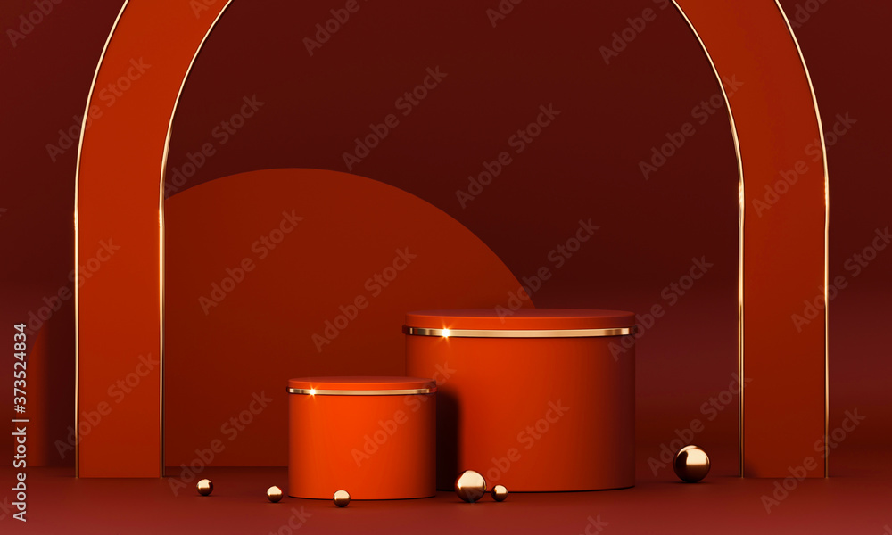 Poster 3d rendering red podium geometry with gold elements. product presentation blank podium. minimal scen
