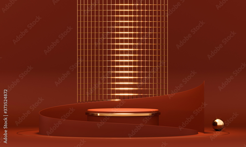 Poster 3d rendering red podium geometry with gold elements. product presentation blank podium. minimal scen