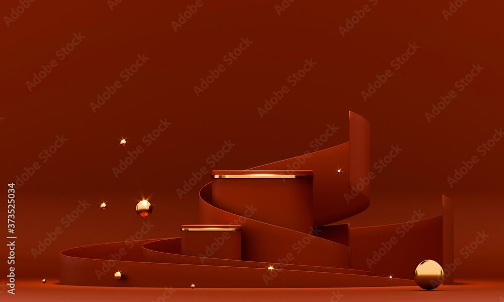 Poster 3d rendering red podium geometry with gold elements. product presentation blank podium. minimal scen