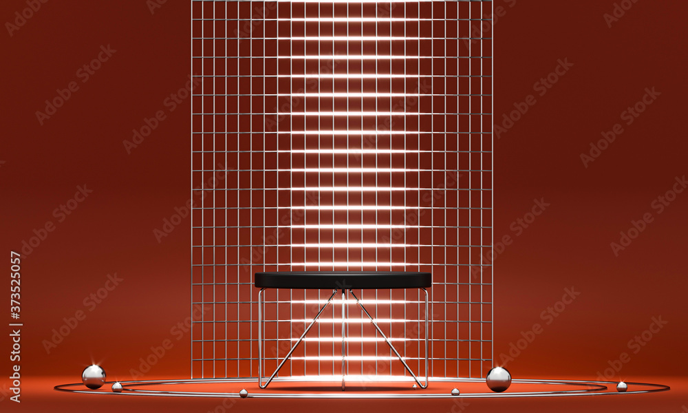 Poster 3d rendering red podium geometry with gold elements. product presentation blank podium. minimal scen
