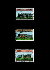 post stamps of different steam locomotives and train printed in Cuba