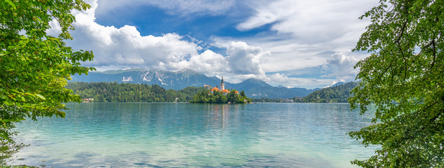 Summer panorama of Lake Bled and Alps, Slovenia