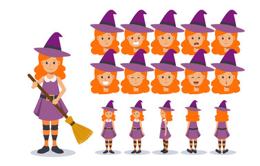 Little Girl in witch costume for Halloween festival.trick or treat. Front, side, back view animated character.Vector Character creation set, Cartoon style, flat vector illustration.