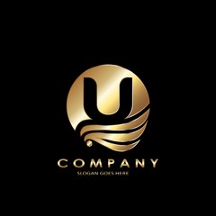 Gold Business Initial U Logo Letter, Elegance Wave Wing Bird with negative space letter U design concept.