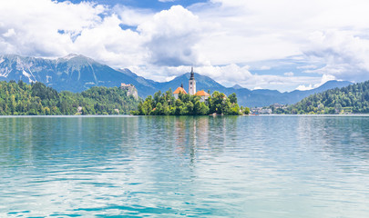Summer panorama of Lake Bled and Alps, Slovenia