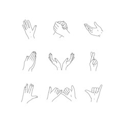 Collection of hands symbols in a trendy minimal outline style. Set of hands in different poses. Vector Illustration isolaterd on white background
