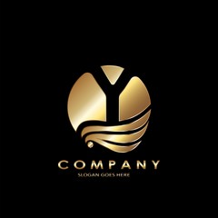 Gold Business Initial Y Logo Letter, Elegance Wave Wing Bird with negative space letter Y design concept.
