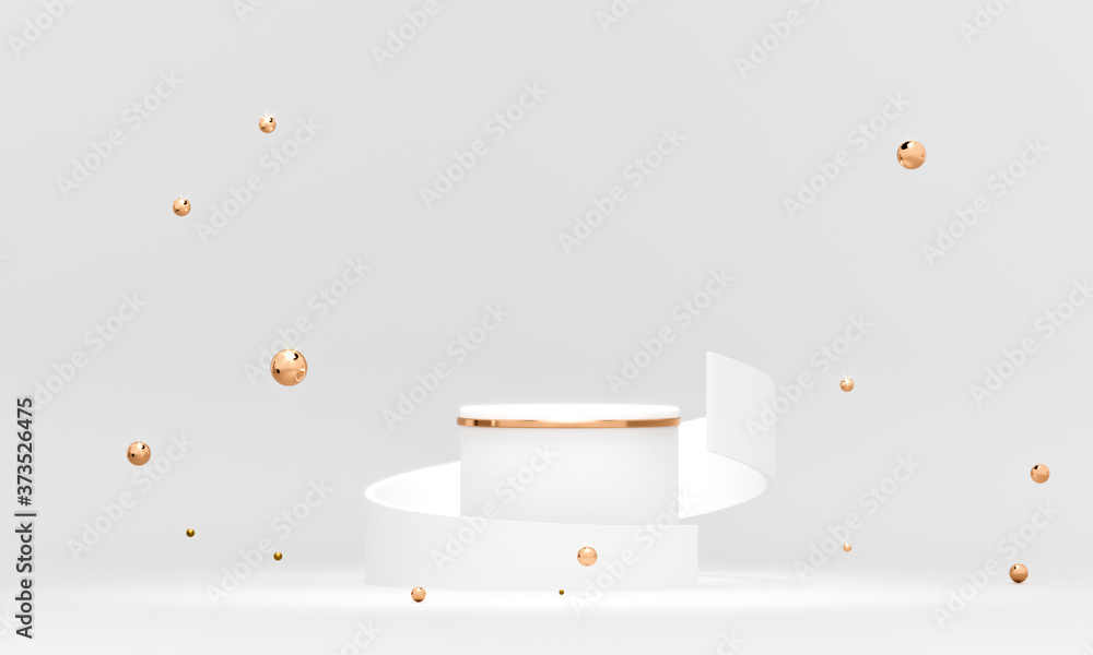 Poster 3d rendering white podium geometry with gold elements. product presentation blank podium. minimal sc