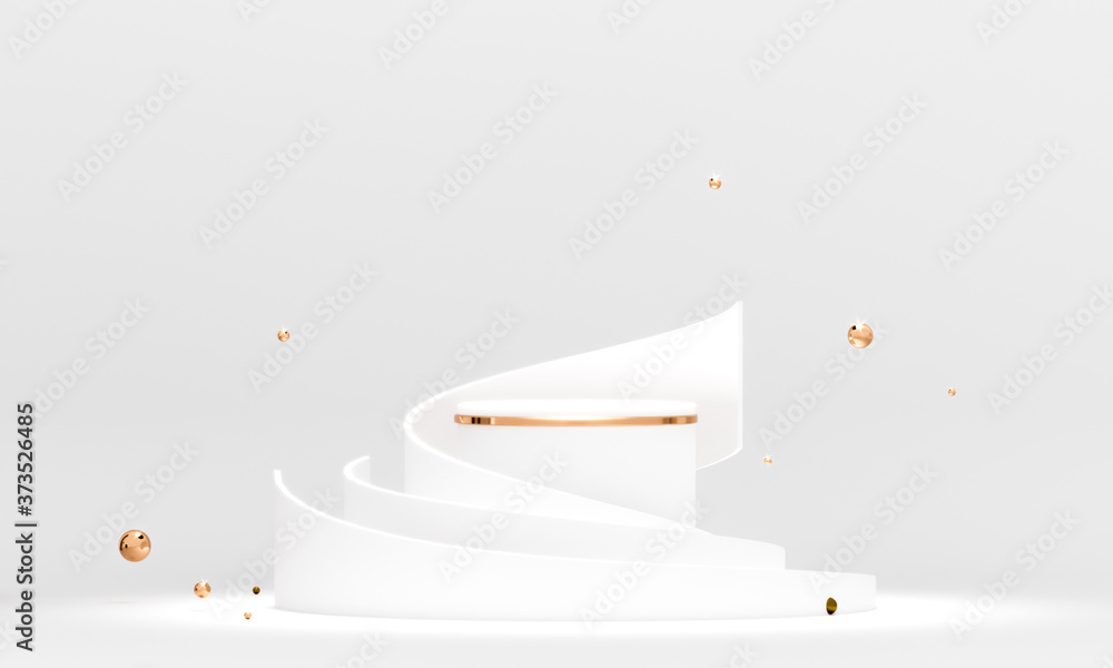 Fototapete 3D rendering white podium geometry with gold elements. Product presentation blank podium. Minimal scene round step floor abstract composition. Empty showcase, pedestal platform display.