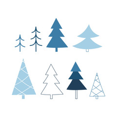 Hand drawn Christmas set with blue trees in flat style. Creative hand drawn vector collection with decorative trees and pines for winter holidays