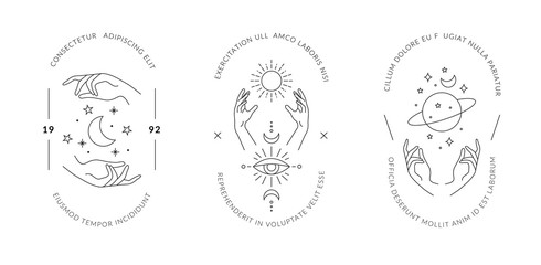 Boho hand drawn magic logos. Minimal bohemian mystic icons linear style, hands moon sun space esoteric symbols, simple vector tattoo