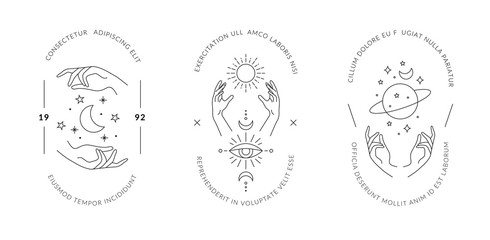Fototapeta premium Boho hand drawn magic logos. Minimal bohemian mystic icons linear style, hands moon sun space esoteric symbols, simple vector tattoo