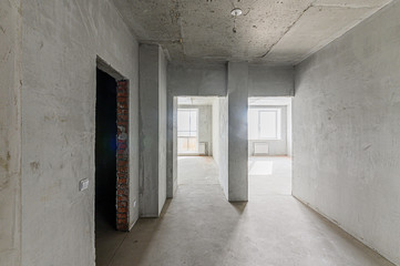 Russia, Moscow- February 10, 2020: interior room rough repair for self-finishing. interior decoration, bare walls of the premises, stage of construction