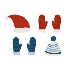 Christmas illustration with winter mittens and hats. Merry Christmas and Happy New Year. Vector illustration for greeting cards, posters, gift tags. Creative hand drawn vector elements