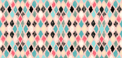 Ikat geometric folklore ornament with diamonds. Tribal ethnic vector texture. Seamless striped pattern in Aztec style. Folk embroidery. Indian, Scandinavian, Gypsy, Mexican, African rug.