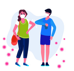 Greetings with the their elbows of man and woman wearing surgical masks.shot of  bump elbows for greeting during coronavirus epidemic. new normal.Social Distancing.