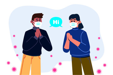 Greetings with the their hand of man and woman say hi  wearing surgical masks.shot of  bump hand for greeting during coronavirus epidemic. new normal.Social Distancing.