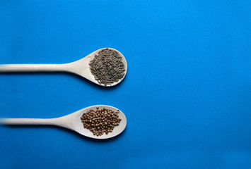 two wooden spoons of coriander and cumin on blue background flat lay. Image contains copy space