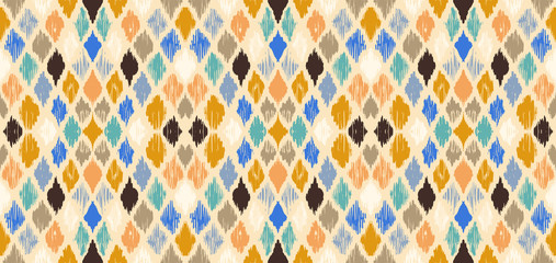 Ikat geometric folklore ornament with diamonds. Tribal ethnic vector texture. Seamless striped pattern in Aztec style. Folk embroidery. Indian, Scandinavian, Gypsy, Mexican, African rug.