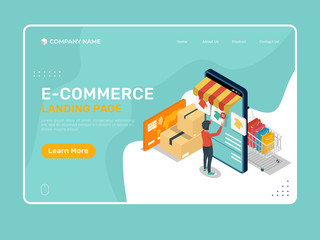 e-commerce landing page illustration template with customer character. Male with mobile phone, cart, shopping bag, credit card, do online shopping. Vector