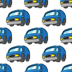 Blue cartoon trucks isolated on white background. Childish cute seamless pattern. Side and front views. Vector graphic flat hand drawn illustration. Texture.