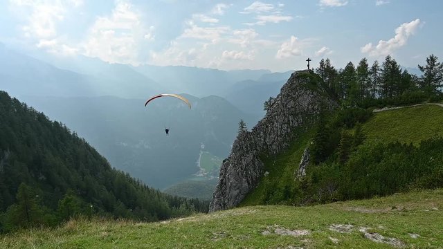 Flying tandem paragliders at the Jenner mountain near Berchtesgaden, Germany.