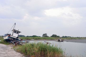 Scrapped Fishing boats at Haje Port closed by the Saemangeum seawall in Okseo-myeon, Gunsan, North Jeolla Province, South Korea on the evening of August 24, 2020.