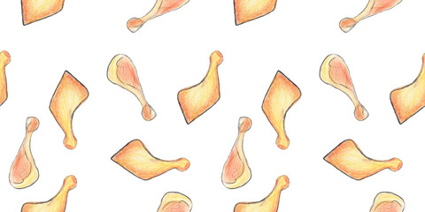 Seamless illustration of ready made chicken legs drawn with colored pencils by hand