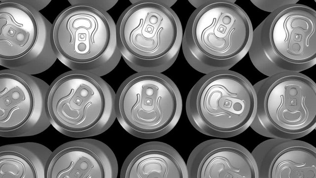 Camera moving over aluminum metal cans for drinks - beer or soda. Perfect background for beverage manufacturing and nutrition business. 3d seamless loopable animation