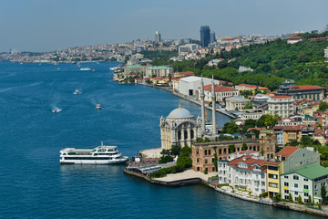 Istanbul cityscape, including Besiktas District and Ortakoy Mosque and passenger boats - Istanbul, Turkey	