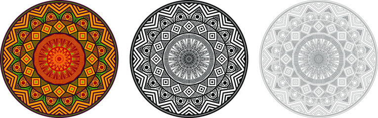 Africa mandala circular pattern in solid and outline form. Polynesia pattern for coloring books, decoration, ornament, tattoo, home decor, tapestries. Aztec pattern for tapestry home decoration.