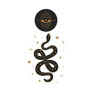 Boho mystic snake design. Abstract hand drawn esoteric serpent icon with moon eye, occult tattoo egypt style. Vector illustration