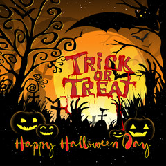 Halloween night Background with bat flying, zombie hand on graveyard in scary cemetery and Happy Halloween day with pumpkins face,Trick or Treat text on full moon,Spooky Vector Illustration