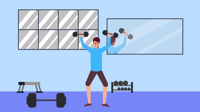 Young man animation exercising with two dumbbells