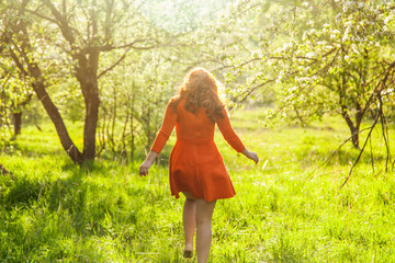 Portrait of a red-haired girl walking in an apple orchard in an orange dress