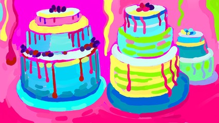 Three colored cakes on a pastel background. Digital painting.