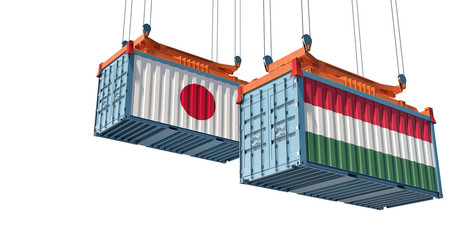 Freight containers with Hungary and Japan flag. 3D Rendering 