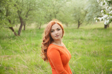 Portrait of a red-haired girl walking in an apple orchard in an orange dress