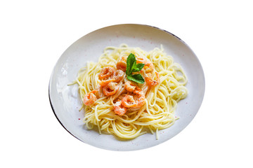 pasta shrimp spaghetti creamy prawn seafood sauce second course food background top view copy space for text healthy eating