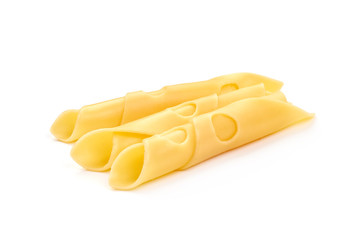 Maasdam cheese slices, macro, isolated on white background