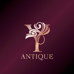 Antique Y Letter Initial Logo Elegance Gold Rose Luxury Ornate Deco Swirl Shape Design.