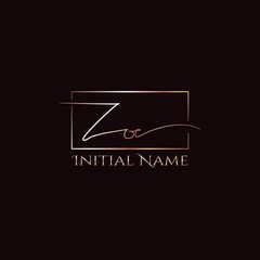 Zoe Gold Rose Beauty Initial letter logo sign. Handwriting calligraphic girl name signature logo design.