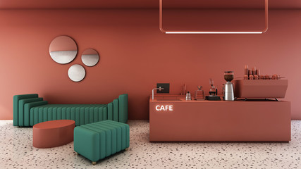 Cafe shop design Minimal,Counter red brick gloss paint,Red brick wall,Sofa green fabric,Stool green fabric,Coffee table red brick gloss paint,Granite stone floor - 3d render