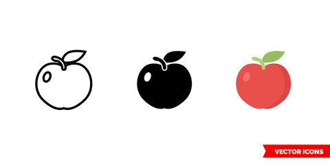 Apple icon of 3 types color, black and white, outline. Isolated vector sign symbol.