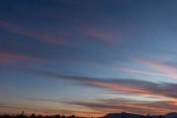 Sunrise Sundown Sanset Sky with colorful clouds, without birds, clear and worm evening